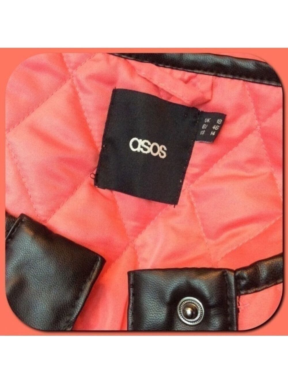 ASOS Coral w/ Black Faux Leather Trim Quilted Jacket Size 14 - Picture 6 of 6
